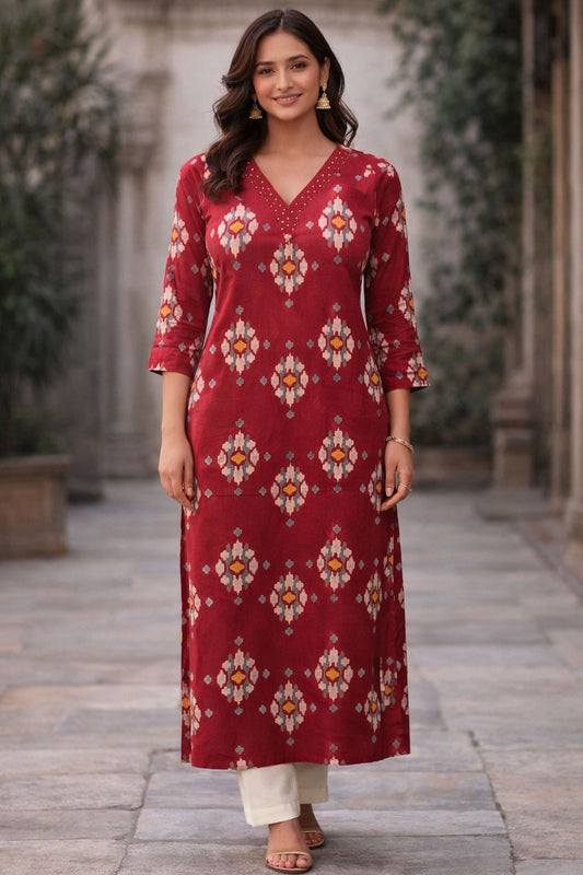 Maroon Cotton Ikat Print Straight Kurti for Women | Ethnic Everyday Kurta with 3/4 Sleeves