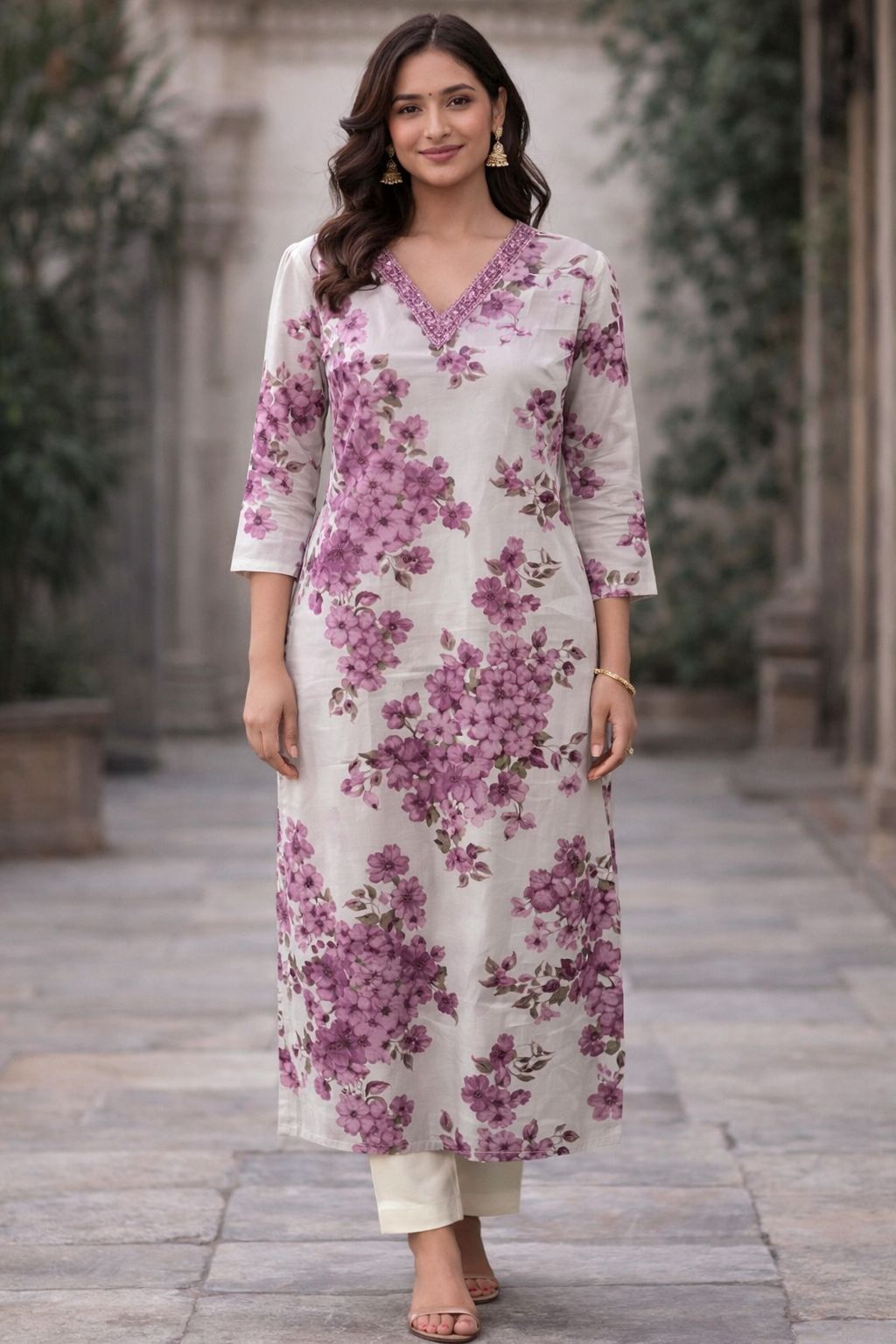 Off-White Cotton Floral Print Straight Kurti for Women | Elegant Everyday Ethnic Kurta with 3/4 Sleeves