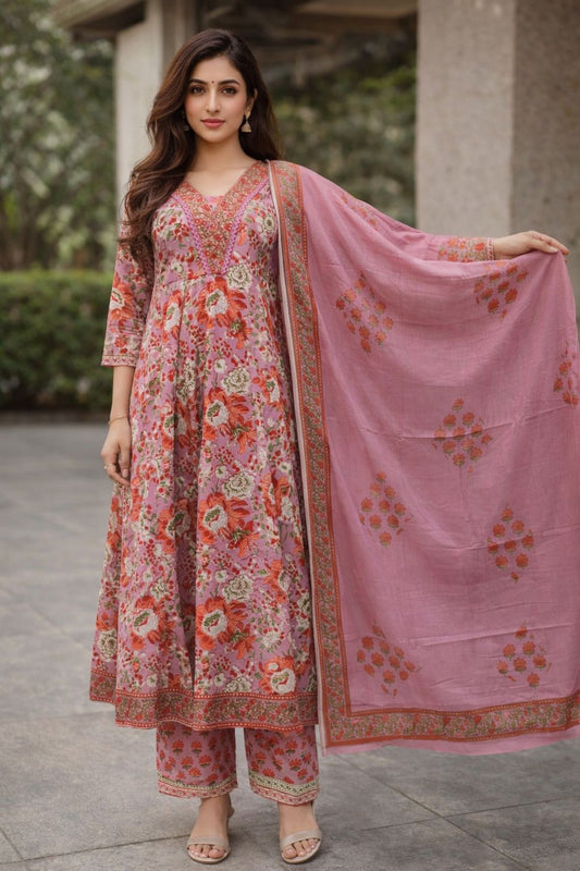 Pink Floral Printed Cotton Anarkali Kurti Pant Set with Dupatta | Elegant Ethnic Wear for Women