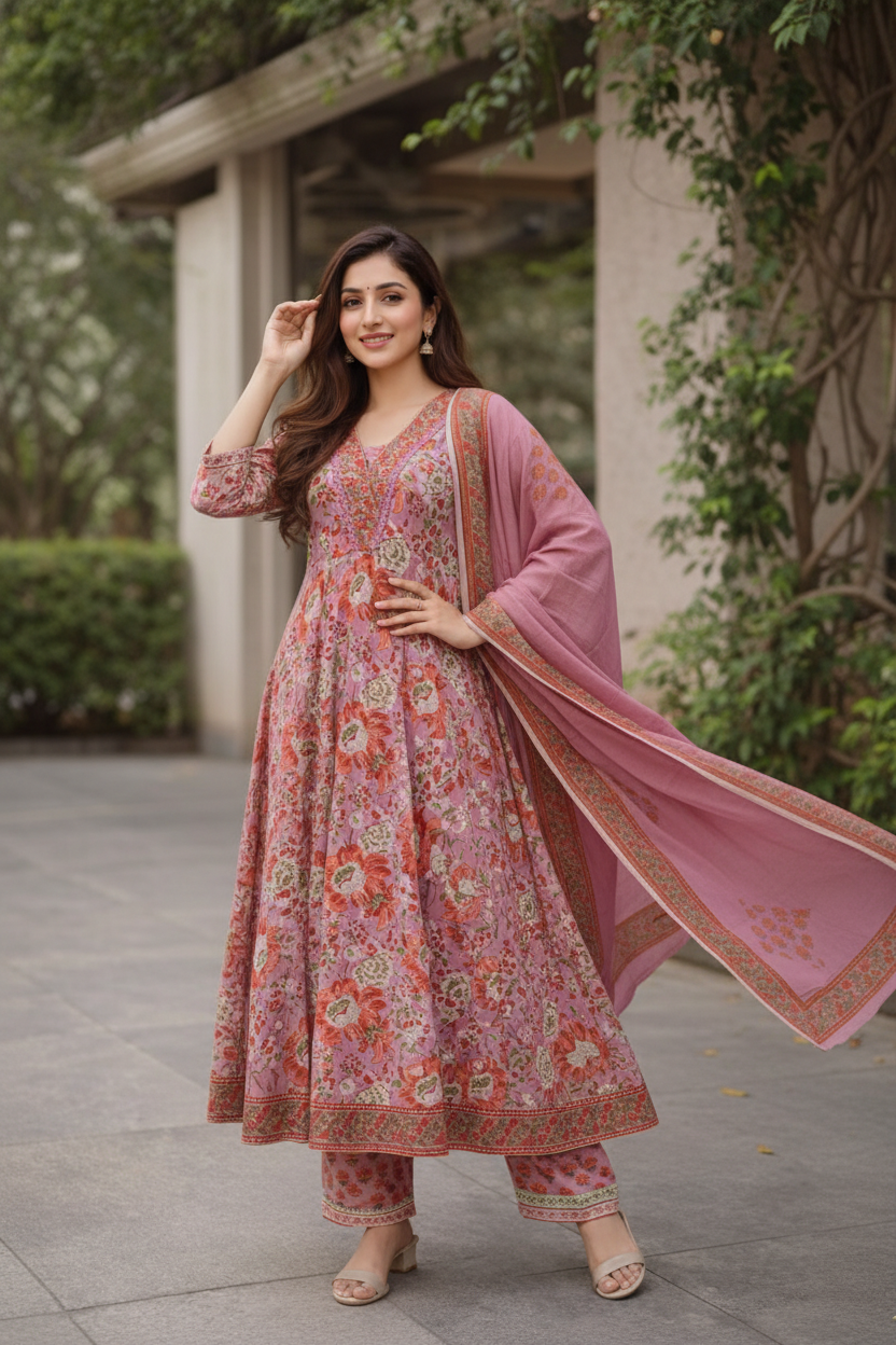 Pink Floral Printed Cotton Anarkali Kurti Pant Set with Dupatta | Elegant Ethnic Wear for Women