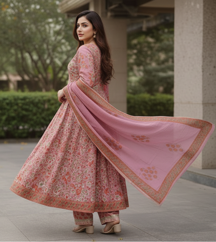 Pink Floral Printed Cotton Anarkali Kurti Pant Set with Dupatta | Elegant Ethnic Wear for Women