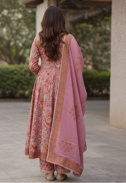 Pink Floral Printed Cotton Anarkali Kurti Pant Set with Dupatta | Elegant Ethnic Wear for Women