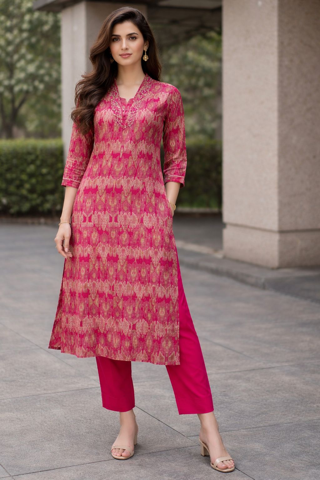 Magenta Printed Cotton Straight Kurti Pant Set for Women | Comfortable Office & Daily Wear Ethnic Set