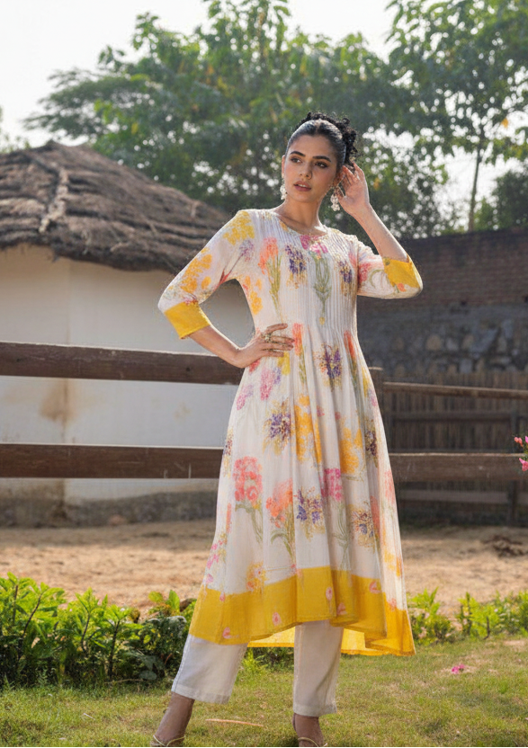Floral Printed Cotton Kurti Pant Set for Women | Handcrafted Summer Ethnic Wear – Natural Fab