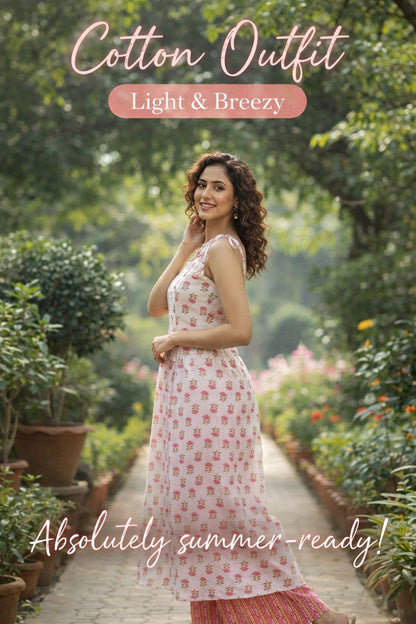 Floral Printed Cotton Kurti Set for Women with Palazzo Pants | Summer Ethnic Wear – Natural Fab
