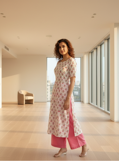 Floral Printed Cotton Kurti Set for Women with Palazzo Pants | Summer Ethnic Wear – Natural Fab
