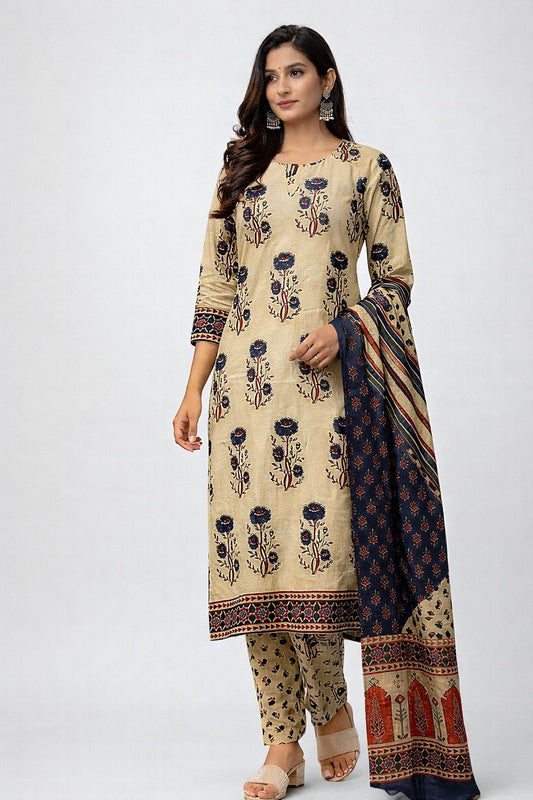 Beige Hand Block Printed Cotton Kurti Set with Dupatta for Women | Ethnic Wear – Natural Fab