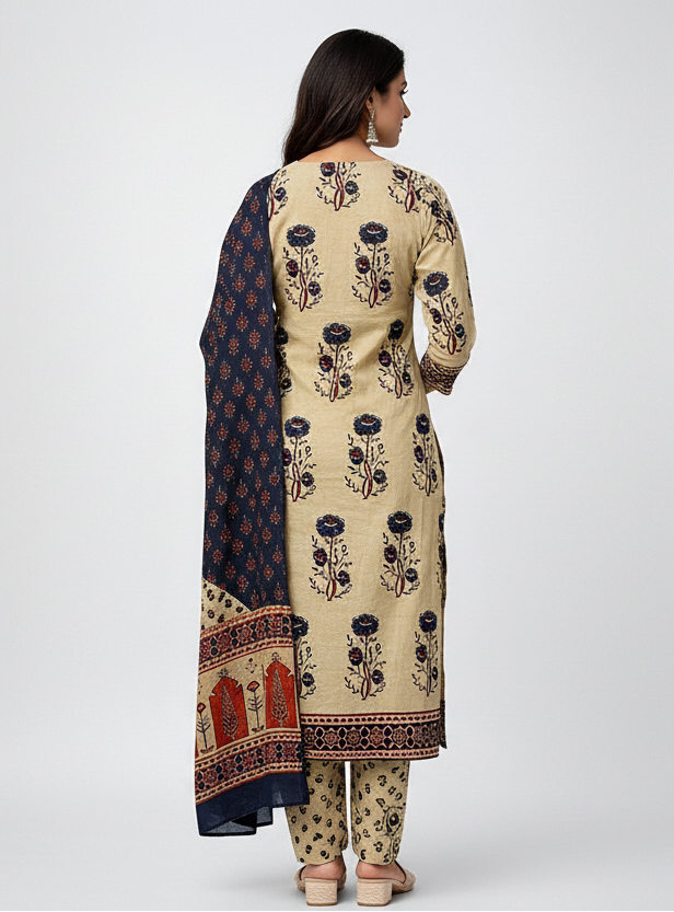 Beige Hand Block Printed Cotton Kurti Set with Dupatta for Women | Ethnic Wear – Natural Fab