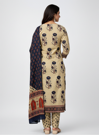 Beige Hand Block Printed Cotton Kurti Set with Dupatta for Women | Ethnic Wear – Natural Fab