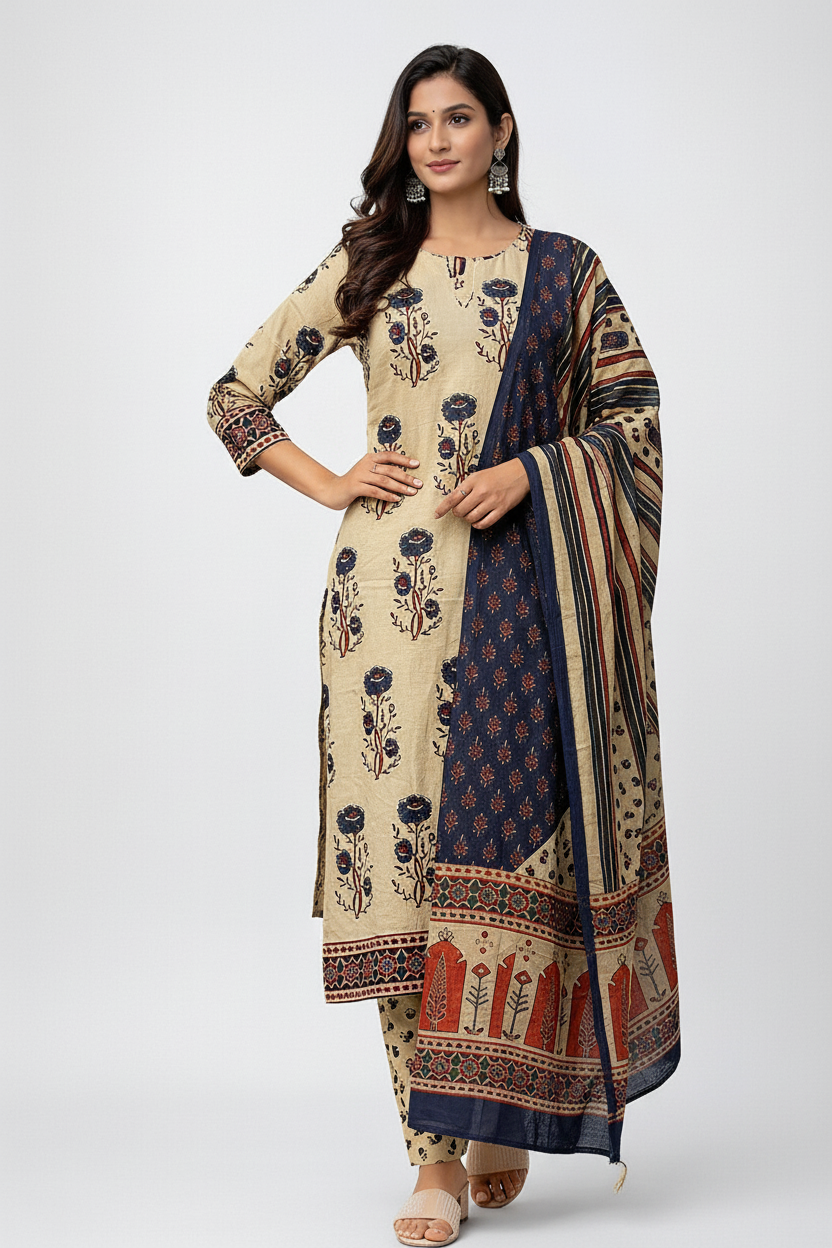 Beige Hand Block Printed Cotton Kurti Set with Dupatta for Women | Ethnic Wear – Natural Fab