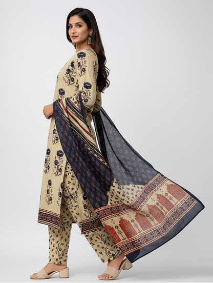 Beige Hand Block Printed Cotton Kurti Set with Dupatta for Women | Ethnic Wear – Natural Fab
