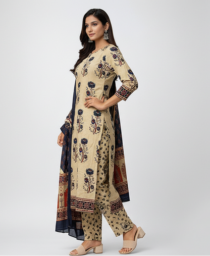 Beige Hand Block Printed Cotton Kurti Set with Dupatta for Women | Ethnic Wear – Natural Fab