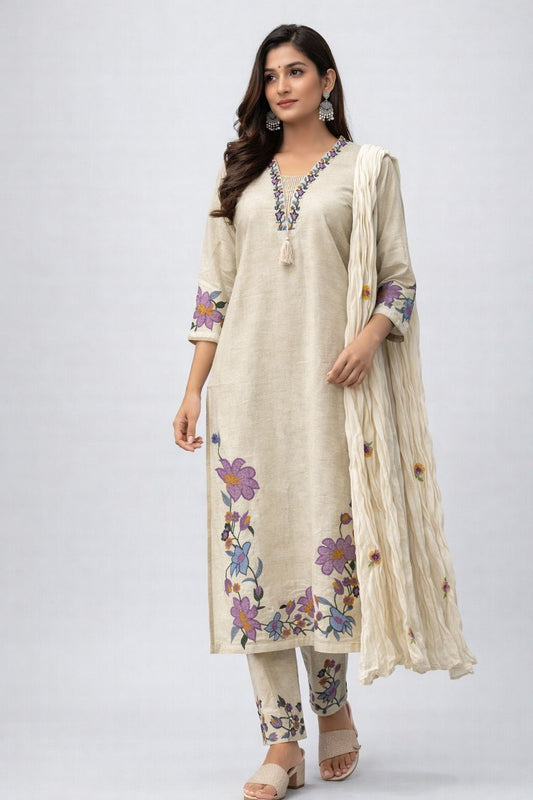 Women Beige Floral Embroidered Kurta Set with Dupatta – Elegant Ethnic Wear