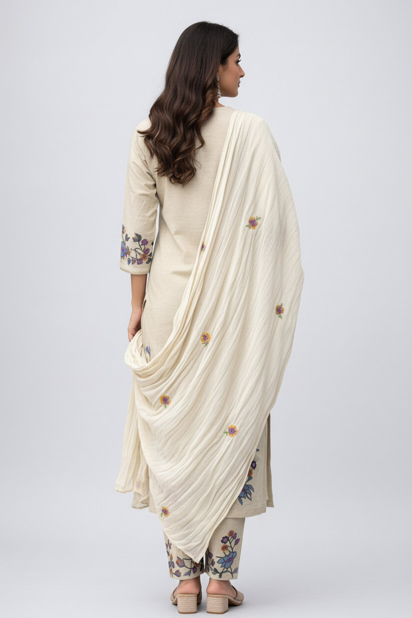 Women Beige Floral Embroidered Kurta Set with Dupatta – Elegant Ethnic Wear