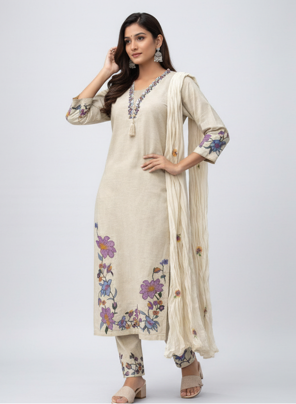 Women Beige Floral Embroidered Kurta Set with Dupatta – Elegant Ethnic Wear