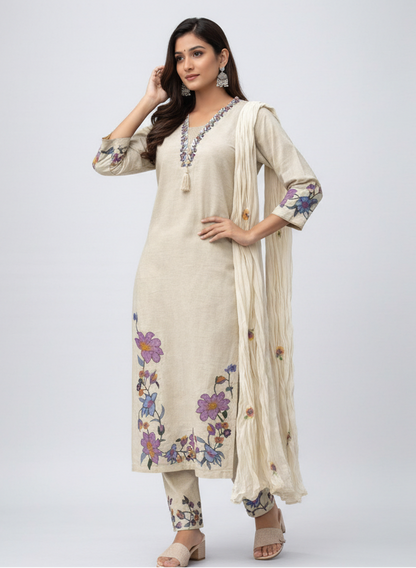 Women Beige Floral Embroidered Kurta Set with Dupatta – Elegant Ethnic Wear