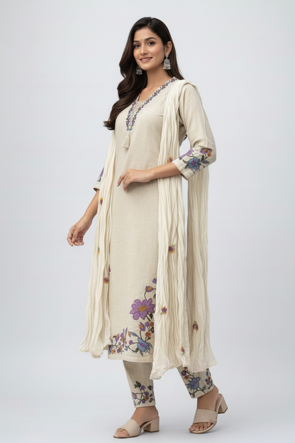 Women Beige Floral Embroidered Kurta Set with Dupatta – Elegant Ethnic Wear