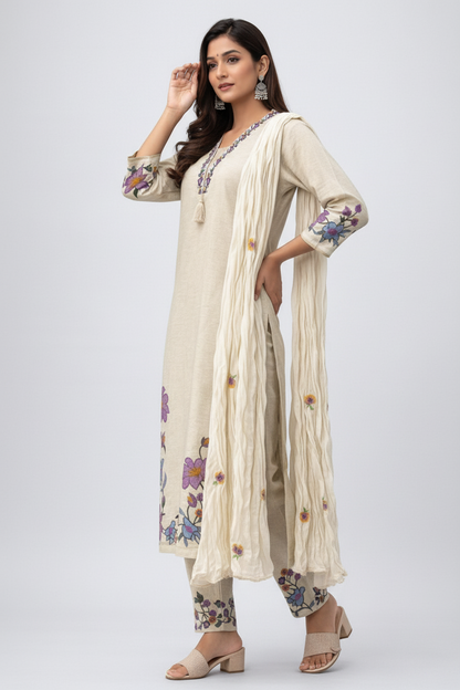 Women Beige Floral Embroidered Kurta Set with Dupatta – Elegant Ethnic Wear