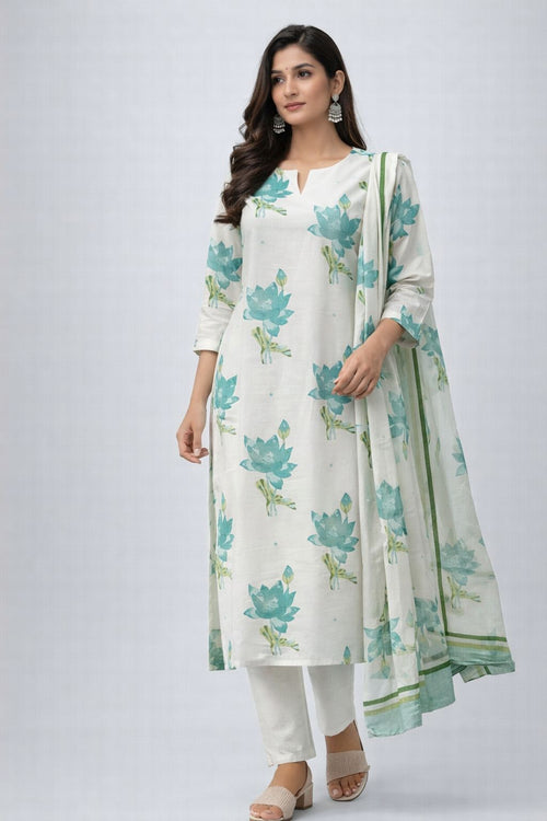 Lotus Printed Cotton Kurti Set with Dupatta for Women | Elegant Summer Ethnic Wear – Natural Fab