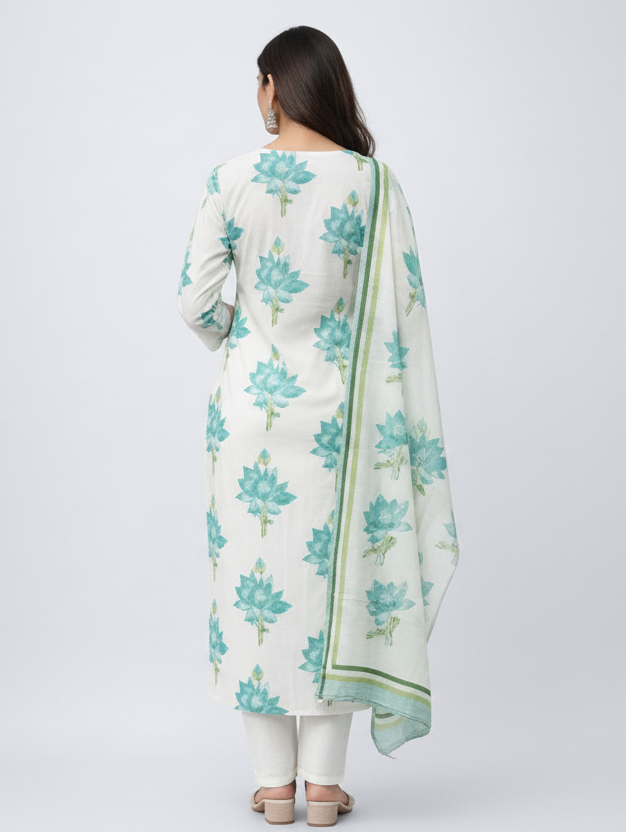Lotus Printed Cotton Kurti Set with Dupatta for Women | Elegant Summer Ethnic Wear – Natural Fab