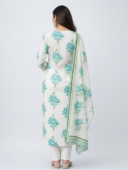 Lotus Printed Cotton Kurti Set with Dupatta for Women | Elegant Summer Ethnic Wear – Natural Fab