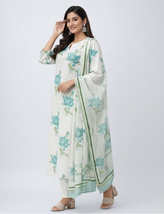Lotus Printed Cotton Kurti Set with Dupatta for Women | Elegant Summer Ethnic Wear – Natural Fab