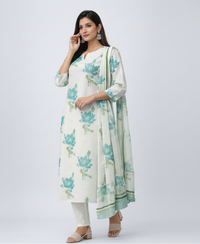 Lotus Printed Cotton Kurti Set with Dupatta for Women | Elegant Summer Ethnic Wear – Natural Fab