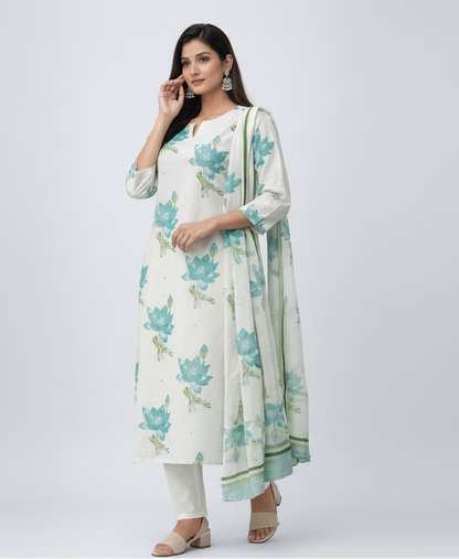 Lotus Printed Cotton Kurti Set with Dupatta for Women | Elegant Summer Ethnic Wear – Natural Fab