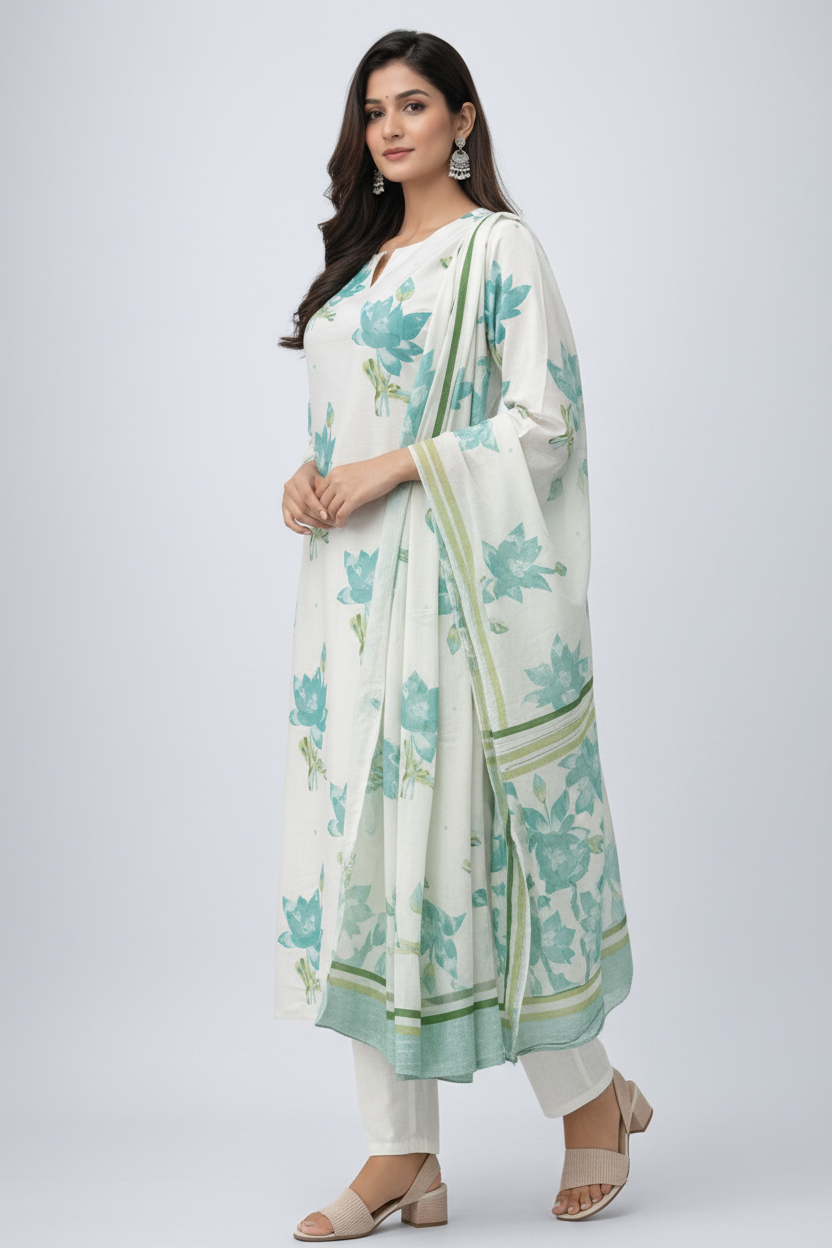 Lotus Printed Cotton Kurti Set with Dupatta for Women | Elegant Summer Ethnic Wear – Natural Fab