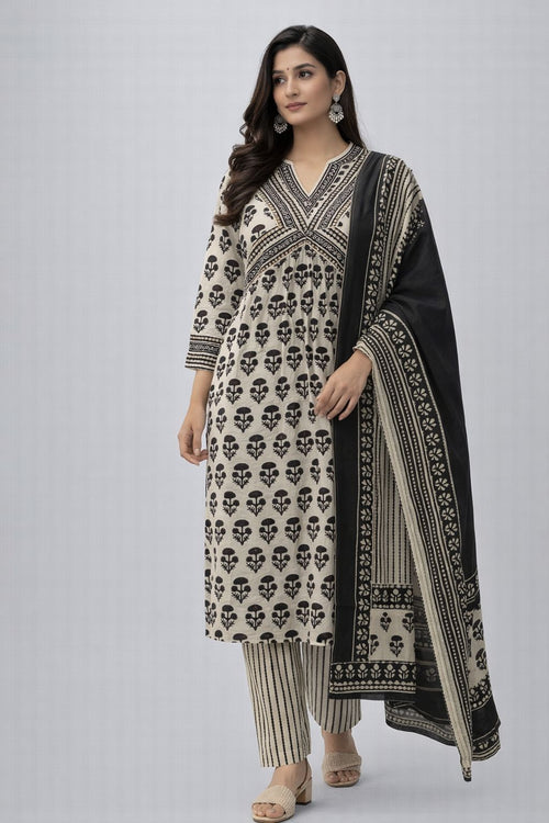 Black & White Hand Block Printed Cotton Kurti Set with Dupatta for Women | Ethnic Wear – Natural Fab