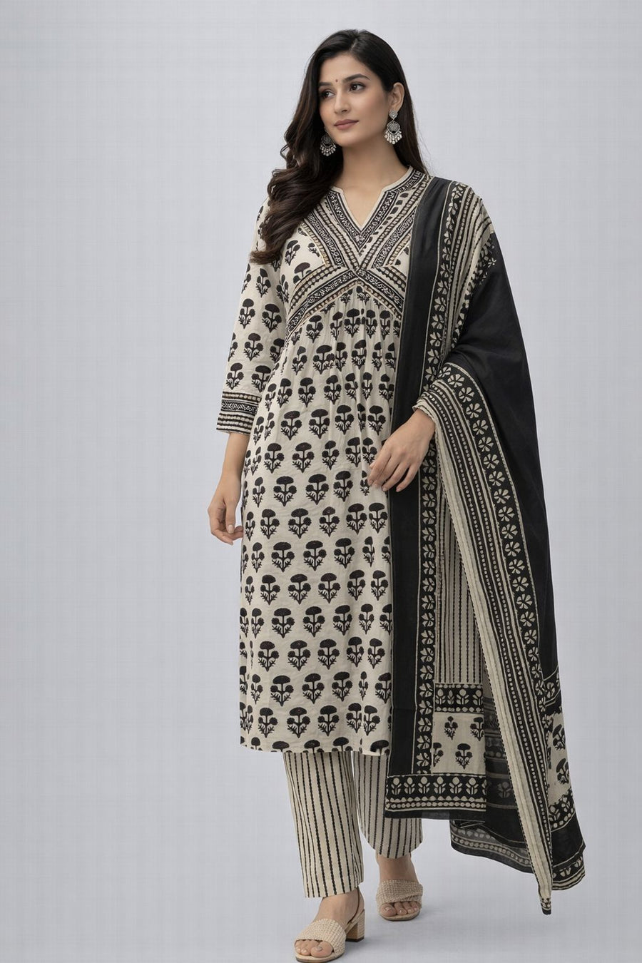 Black & White Hand Block Printed Cotton Kurti Set with Dupatta for Women | Ethnic Wear – Natural Fab