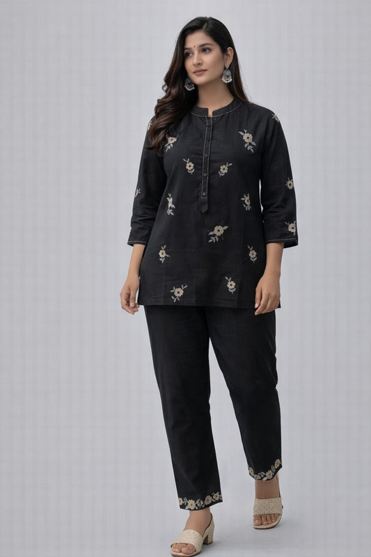 Black Embroidered Cotton Co-Ord Set for Women | Elegant Everyday Ethnic Wear – Natural Fab