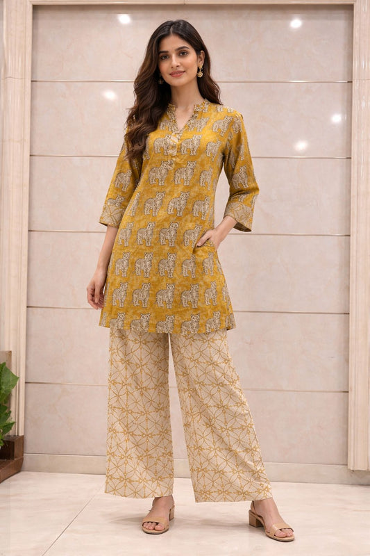 Mustard Hand Block Printed Cotton Co-Ord Set for Women | Elephant Motif Ethnic Wear – Natural Fab