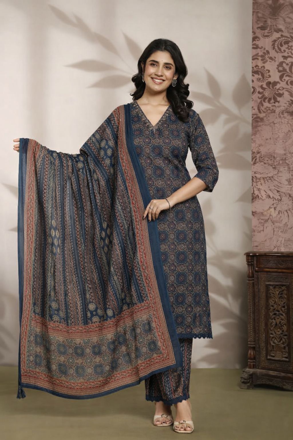 Indigo Hand Block Printed Cotton Kurti Set with Dupatta for Women | Ethnic Wear – Natural Fab