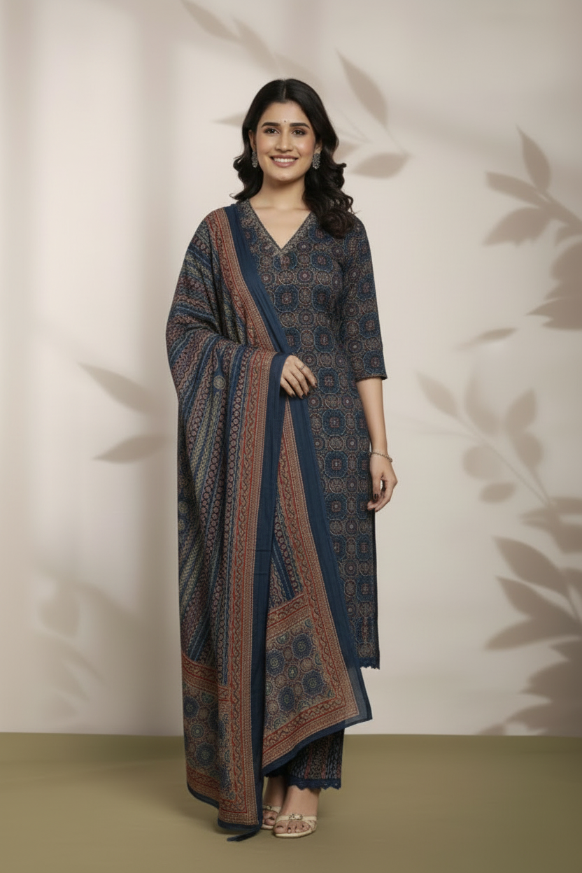 Indigo Hand Block Printed Cotton Kurti Set with Dupatta for Women | Ethnic Wear – Natural Fab