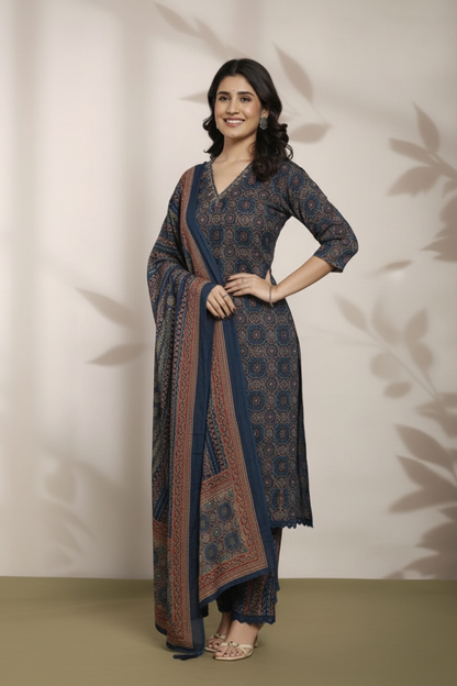 Indigo Hand Block Printed Cotton Kurti Set with Dupatta for Women | Ethnic Wear – Natural Fab
