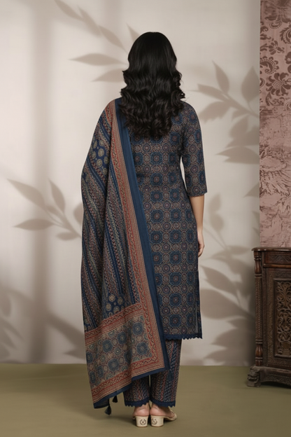 Indigo Hand Block Printed Cotton Kurti Set with Dupatta for Women | Ethnic Wear – Natural Fab