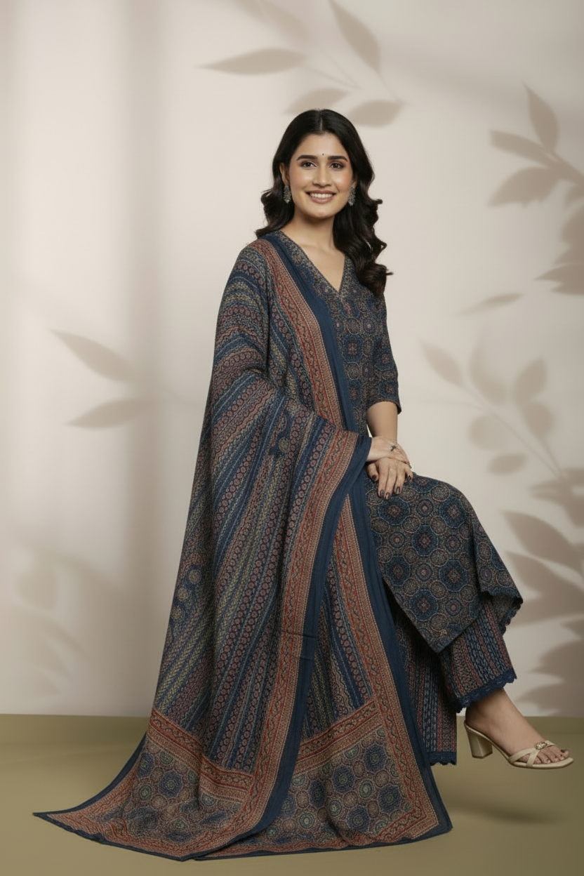 Indigo Hand Block Printed Cotton Kurti Set with Dupatta for Women | Ethnic Wear – Natural Fab