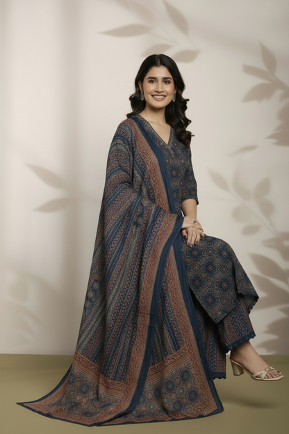 Indigo Hand Block Printed Cotton Kurti Set with Dupatta for Women | Ethnic Wear – Natural Fab