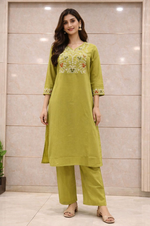 Green Embroidered Cotton Kurti Set for Women | Elegant Everyday Ethnic Wear – Natural Fab