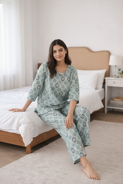 Women’s Cotton Printed Night Suit – Soft Breathable Lounge Wear Set | Natural Fab