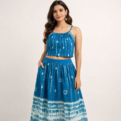 Women’s Cotton Top & Skirt Set – Hand Block Print Blue Co-ord Set, Sleeveless Summer Dress, Casual & Holiday Wear