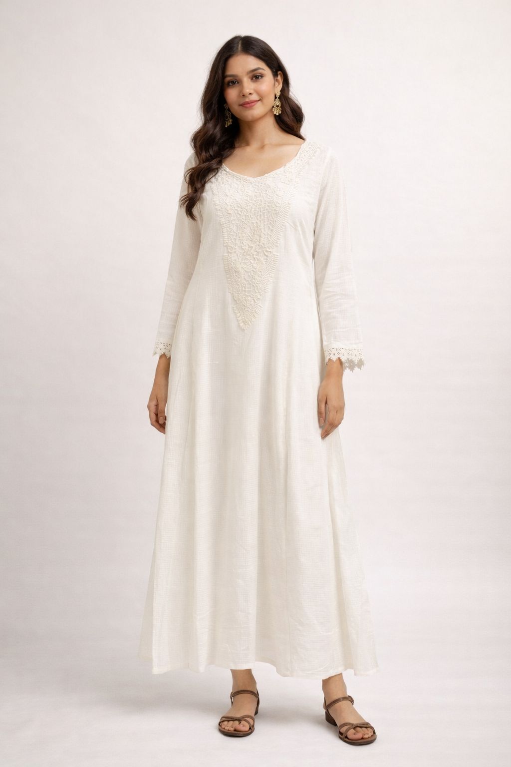 Women’s Supernet Cotton Long Dress with Cotton Inner – White A-Line Ethnic Dress, Lightweight Summer Dress