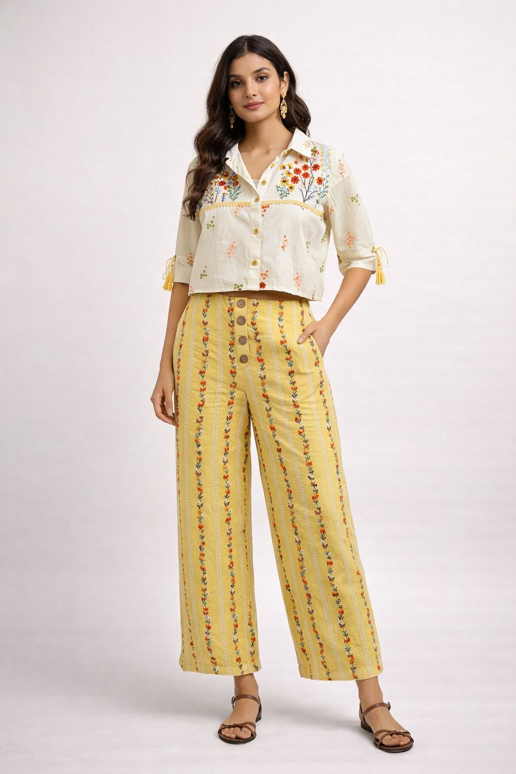 Women’s Cotton Co-Ord Set – Printed Crop Top & Straight Pants Set, Summer Casual Wear, Lightweight Ethnic Co-ord