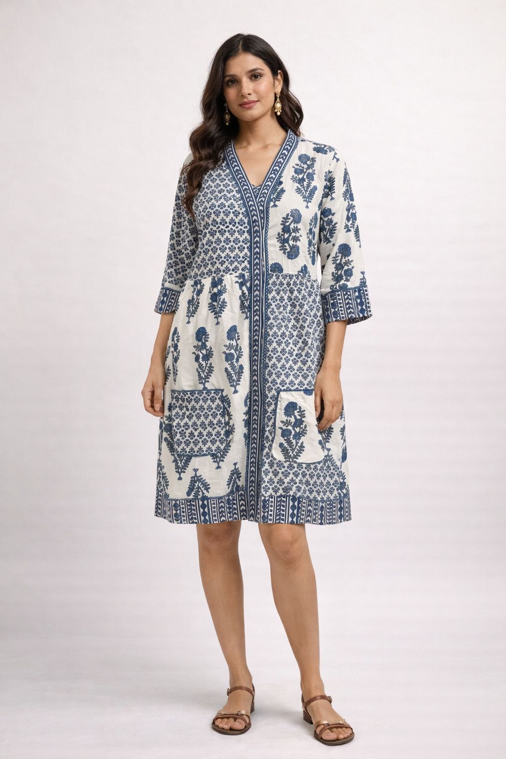 Women’s Cotton Printed Knee-Length Dress – Blue & White Ethnic Casual Dress with Pockets, Summer Everyday Wear