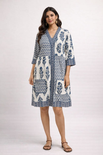 Women’s Cotton Printed Knee-Length Dress – Blue & White Ethnic Casual Dress with Pockets, Summer Everyday Wear