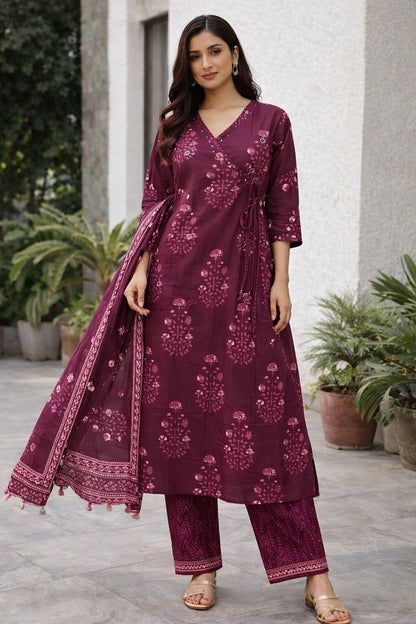 Maroon Printed Cotton Kurti Set for Women with Dupatta – Elegant Ethnic Kurta Pant Set | Natural Fab