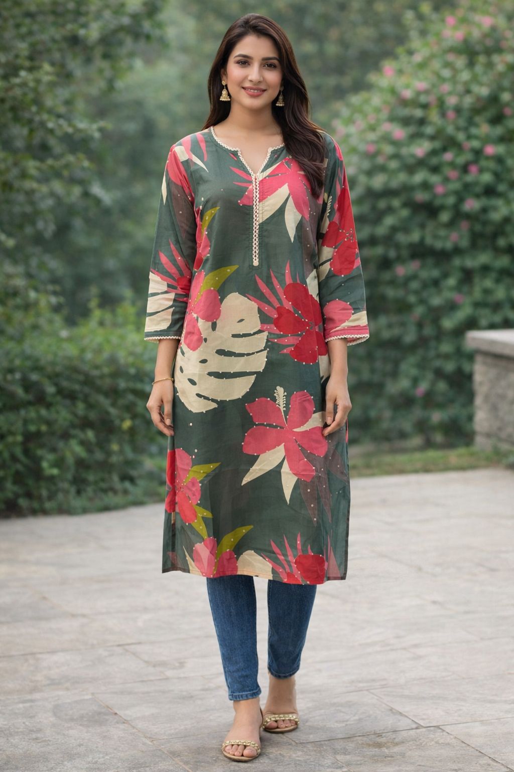 Green Floral Print Cotton Kurti for Women – Casual & Daily Wear Straight Kurta | Natural Fab