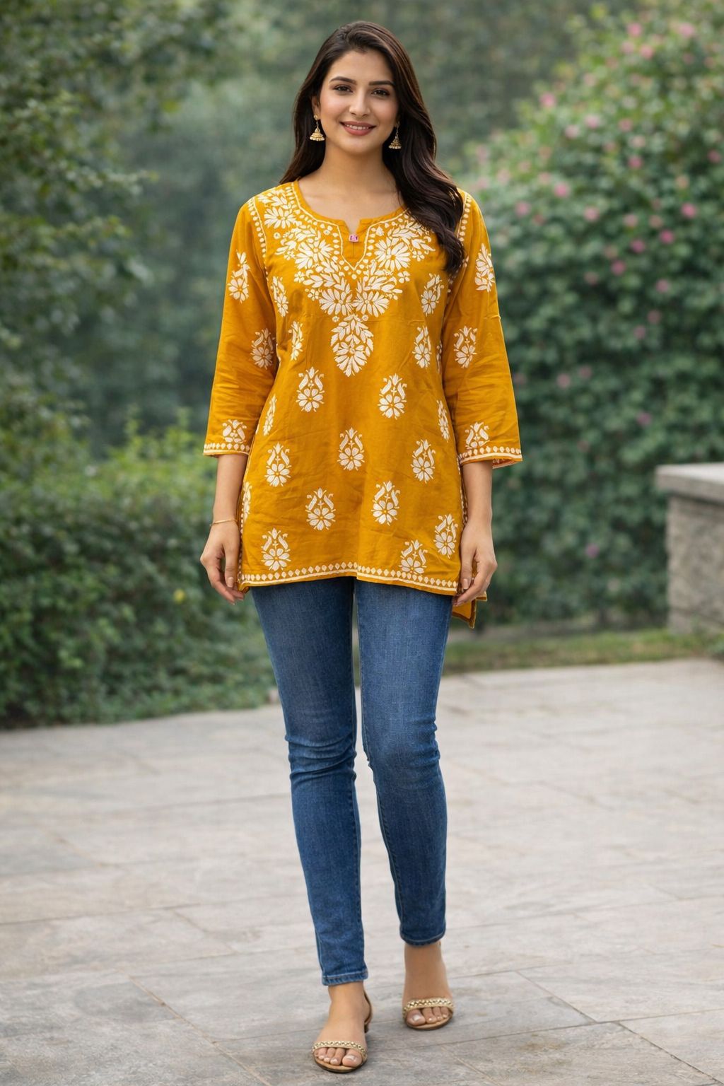 Mustard Yellow Printed Rayon Short Kurti for Women – Soft Casual & Daily Wear Short Kurta | Natural Fab