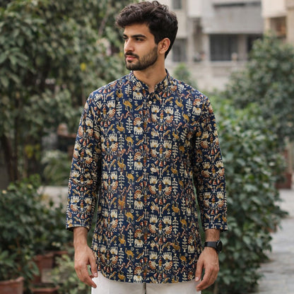 Men’s Navy Blue Printed Cotton Kurta – Premium Ethnic Wear